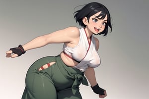 masterpiece, best quality, (mature female, plump, curvy figure, wide hips, thicc, large breasts), ((short)), (short hair), black hair, thick eyebrows, ((tan skin)), martial artist, bandages, (((hip vent, japanese clothes, dougi, baggy pants))), fingerless gloves, (clothes around waist, sports-bra), fighting stance, excited, happy, ((dynamic angle)), dojo background, ((manga style illustration)),