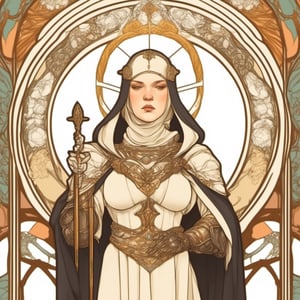 a 2D illustration of  a heavyset fantasy nun wearing intricate armor, beautiful, thicc, alphonse mucha, art nouveau, half body,