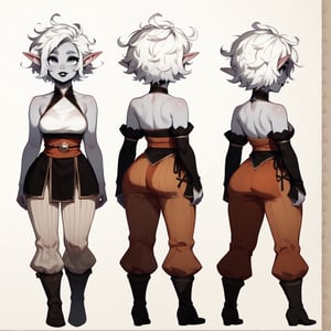 score_9, score_8_up, score_7_up, source_cartoon, rating_questionable, highly detailed, (doxy:0.4), fantasy drow elf girl, cute face, round face, (grey skin), detailed silver eyes, thick eyebrows, (plump), plus-size, wide hips, thick arms, medium breasts, halter shirt, bare shoulders, ornate waist sash, kneehigh boots, revealing, detatched sleeves, (puffy striped pants), sheer pants, see-through pants, (messy hair, white hair), full lips, black lipstick, bright smile, makeup, multiple views, character sheet, (front, back, side), full body,