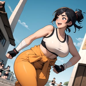 masterpiece, best quality, (mature female, plump, curvy figure, wide hips, thicc, large breasts), short black hair, thick eyebrows, tan skin, martial artist, (bandages, hip vent, japanese clothes, dougi, fingerless gloves, clothes around waist, sports-bra), action pose, excited, happy, ((dynamic angle)), dojo background, ((manga style illustration)),