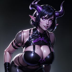 woman, devil girl, ((dark skin, colored skin, grey skin)), (black sclera, violet pupils), ((gigantic purple horns)), (((four horns))), pointed ears, gigantic breasts, hot body, full lips, (short hair), black hair, ((messy hair)), wide hips, curvy figure, fangs, (sharp buck teeth), smile,

((revealing clothing)), black leather, chest harness, (skindentation), ((dynamic angle)), closeup shot, POV, realistic, high quality, 

dark background with glowing effects, tiefling,tiefling