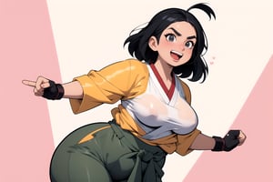 masterpiece, best quality, (mature female, plump, curvy figure, wide hips, thicc, large breasts), short black hair, thick eyebrows, ((tan skin)), martial artist, bandages, ((hip vent, japanese clothes, dougi, baggy pants)), fingerless gloves, (clothes around waist, sports-bra), action pose, excited, happy, ((dynamic angle)), dojo background, ((manga style illustration)),