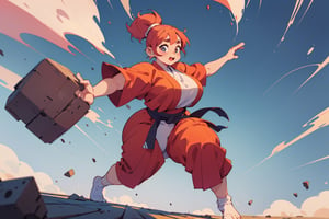 anime illustration, cute, chubby, ((martial artist, monk)), 1girl, ((shortstack, curvy figure, overweight, large breasts, thicc)), thick eyebrows, full body, vibrant colors, dynamic lighting, dynamic pose,