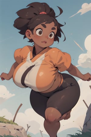 anime illustration of a cute chubby martial artist girl, ((shortstack, curvy figure, overweight, large breasts, thicc)), short hair, thick eyebrows, ((tan, tanned skin)), running,