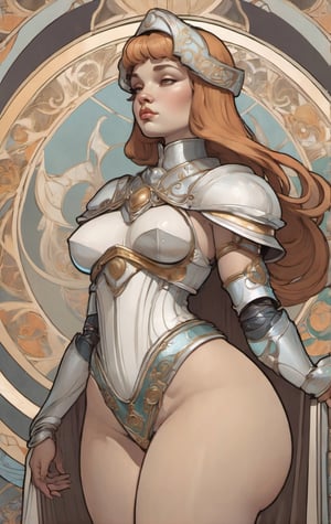 a 2D illustration of a curvy fantasy nun warrior wearing intricate armor,  ((thicc, curvy figure, huge breasts, wide hips, thick thighs)),  beautiful, side view, alphonse mucha,  art nouveau,  half body, more detail XL,
