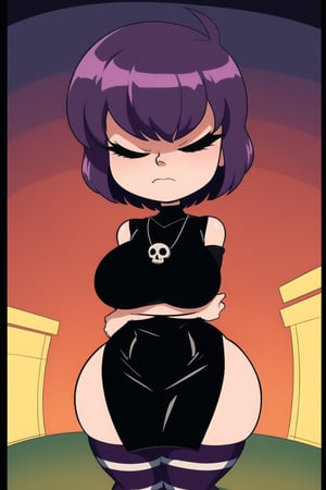 Gaz, short purple  hair, closed eyes, standing,  crossed arms, GAgoth, black dress, skull necklace, striped thighhighs, striped sleeves, in a park at night, (insanely detailed, beautiful detailed face, masterpiece, best quality), Hair over eyes, shortstack, wide hips, curvy figure, thick thighs, large breasts,