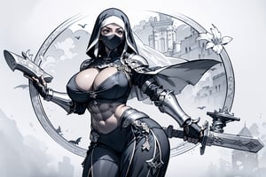 a fantasy nun, ((knight armor, pauldrons, vambraces, gauntlets)), revealing clothing, (milf, curvy figure, wide hips, gigantic breasts, thicc, musclular, biceps, abs), ((hidden face, covered face, bridal veil)), 2d fantasy ink illustration with an art nouveau background, EpicArt, (monochrome), milfication, contraposto, dynamic pose,