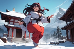 anime illustration, cute, chubby, ((martial artist)), 1girl, ((shortstack, curvy figure, overweight, large breasts, thicc)), thick eyebrows, full body, vibrant colors, dynamic lighting, dynamic angle, detailed eyes, (mountain temple background),