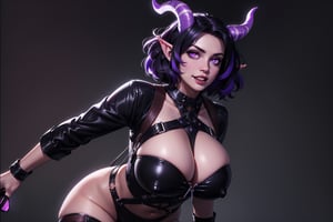 woman, devil girl, (dark skin, colored skin, grey skin), (black sclera, violet pupils), ((gigantic purple horns)), (((four horns))), pointed ears, gigantic breasts, hot body, full lips, (short hair), black hair, ((messy hair)), wide hips, curvy figure, fangs, (buck teeth), smile,

((revealing clothing)), black leather, chest harness, (skindentation), ((dynamic angle)), closeup shot, POV, realistic, high quality, 

dark background with glowing effects, tiefling