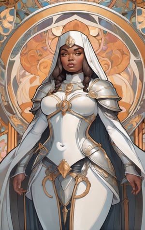 a 2D illustration of a curvy fantasy nun warrior wearing intricate armor,  ((thicc, curvy figure, huge breasts, wide hips, thick thighs)), (dynamic pose)), alphonse mucha,  art nouveau,  half body, more detail XL,