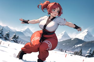 anime illustration, cute, chubby, ((martial artist)), 1girl, ((shortstack, curvy figure, overweight, large breasts, thicc)), thick eyebrows, (full lips), full body, vibrant colors, dynamic lighting, dynamic angle, detailed eyes, (mountain temple background),