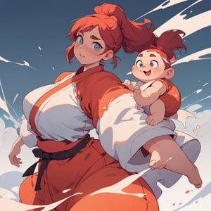 anime illustration, cute, chubby, ((martial artist, monk)), 1girl, ((shortstack, curvy figure, overweight, large breasts, thicc)), thick eyebrows, full body, vibrant colors, dynamic lighting, dynamic pose, detailed eyes,