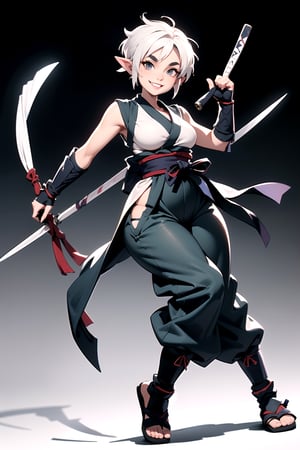 masterpiece,  best quality,  (mature female,  curvy figure,  wide hips,  thicc,  small breasts, plump),  ((short)),  (short hair,  tomboy, pixie_cut),  (pale grey skin), white hair,  thick eyebrows, pointed ears, ((happy, smiling)), ((shinobi clothing, obi, ninja, shin guards, baggy pants, hip vent)), ((dynamic angle)), (dynamic pose),