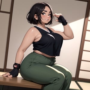 masterpiece, best quality, (mature female, plump, curvy figure, wide hips, thicc, large breasts), ((short)), (short hair, tomboy), black hair, thick eyebrows, ((tan skin)), martial artist, bandages, (((hip vent, japanese clothes, dougi, baggy pants))), fingerless gloves, (clothes around waist, sports-bra), excited, happy, sitting, looking at viewer, blushing ((dynamic angle, dynamic pose, side view, POV)), manga style illustration,