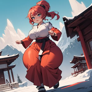 anime illustration, cute, chubby, ((martial artist, monk)), 1girl, ((shortstack, curvy figure, overweight, large breasts, thicc)), thick eyebrows, full body, vibrant colors, dynamic lighting, dynamic angle, detailed eyes, (mountain temple background),