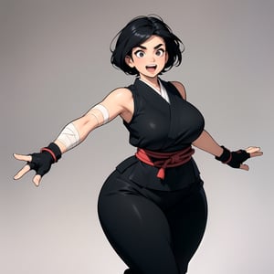 masterpiece, best quality, (mature female, plump, curvy figure, wide hips, shortstack, large breasts), short black hair, thick eyebrows, tan skin, martial artist, (bandages, hip vent, japanese clothes, ninja, fingerless gloves, sleeveless top), action pose, excited, happy, ((dynamic angle)), dojo background, ((manga style illustration)),