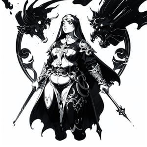 a heavyset fantasy nun warrior wearing ornate armor, 2d fantasy illustration with a simple art nouveau background, (monochrome, ink,)