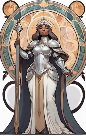 a 2D illustration of a curvy fantasy nun warrior wearing intricate armor,  ((thicc, curvy figure, huge breasts, wide hips, thick thighs)), (dynamic pose)), alphonse mucha,  art nouveau,  half body, more detail XL,