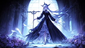 anime, woman in a long dress standing in a field of flowers, best quality, 4k, anime art wallpaper, goddess of death, 4k anime wallpaper, gothic maiden anime girl, anime fantasy artwork, beautiful male god of death, beautiful necromancer, anime epic artwork, flowers, flowing flowers, masterwork, normal face, the flowewr glow intense, 1girl, standing infront of a wooden cross, centered, gravejard, white eyes, smiling,glowing gold,Glowing dots on body,glowingveins,Bio Glowin neon line and dots on skin 