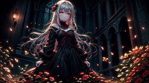 anime, woman in a long dress standing in a field of flowers, best quality, 4k, anime art wallpaper, goddess of death, 4k anime wallpaper, gothic maiden anime girl, anime fantasy artwork, beautiful male god of death, beautiful necromancer, anime epic artwork, flowers, flowing flowers, masterwork, normal face, the flowewr glow intense, 1girl, standing infront of a wooden cross, centered, gravejard, white eyes, smiling,glowing gold,Glowing dots on body,glowingveins