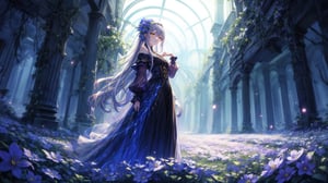 anime, woman in a long dress standing in a field of flowers, best quality, 4k, anime art wallpaper, goddess of death, 4k anime wallpaper, gothic maiden anime girl, anime fantasy artwork, beautiful male god of death, beautiful necromancer, anime epic artwork, flowers, flowing flowers, masterwork, normal face, the flowewr glow intense, 1girl, standing infront of a wooden cross, centered, gravejard, white eyes, smiling,glowing gold,Glowing dots on body