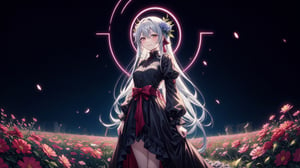 anime, woman in a long dress standing in a field of flowers, best quality, 4k, anime art wallpaper, goddess of death, 4k anime wallpaper, gothic maiden anime girl, anime fantasy artwork, beautiful male god of death, beautiful necromancer, anime epic artwork, flowers, flowing flowers, masterwork, normal face, the flowewr glow intense, 1girl, standing infront of a wooden cross, centered, gravejard, white eyes, smiling