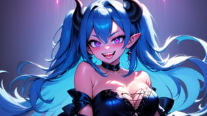 1girl, breasts, horns, pointy_ears, solo, long_hair, smile, teeth, cleavage, sharp_teeth, jewelry, colored_skin, looking_at_viewer, earrings, slit_pupils, blue_skin, blue_hair, hair_between_eyes, bare_shoulders, demon_girl, upper_body, medium_breasts, pink_eyes, elbow_gloves, gloves, hand_up, ahoge, bangs, dress, strapless, makeup