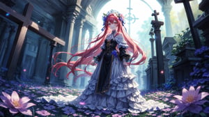 anime, woman in a long dress standing in a field of flowers, best quality, 4k, anime art wallpaper, goddess of death, 4k anime wallpaper, gothic maiden anime girl, anime fantasy artwork, beautiful male god of death, beautiful necromancer, anime epic artwork, flowers, flowing flowers, masterwork, normal face, the flowewr glow intense, 1girl, standing infront of a wooden cross, centered, gravejard, white eyes, smiling,glowing gold,Glowing dots on body,glowingveins,Bio Glowin neon line and dots on skin 