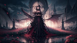 anime, woman in a long dress standing in a field of flowers, best quality, 4k, anime art wallpaper, goddess of death, 4k anime wallpaper, gothic maiden anime girl, anime fantasy artwork, beautiful male god of death, beautiful necromancer, anime epic artwork, flowers, flowing flowers, masterwork, normal face