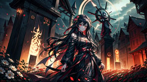 anime, woman in a long dress standing in a field of flowers, best quality, 4k, anime art wallpaper, goddess of death, 4k anime wallpaper, gothic maiden anime girl, anime fantasy artwork, beautiful male god of death, beautiful necromancer, anime epic artwork, flowers, flowing flowers, masterwork, normal face, the flowewr glow intense, 1girl, standing infront of a wooden cross, centered, gravejard with glowing flowers, white eyes, smiling