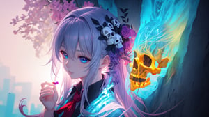 skul head, long hair, anime girl with long hair and a skull in her hands, anime skull portrait woman, scary detailed art in color, anime art wallpaper 4k, anime art wallpaper 4 k, a beautiful artwork illustration, colorefull, dark but detailed digital art, digital anime illustration, clean detailed anime art, anime art wallpaper 8 k, detaild background,epoxy_skull