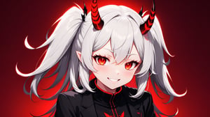 1girl, horns, red_eyes, demon_girl, sweet smile, demon_horns, white_hair, looking_at_viewer, black_horns, red_background, glowing_eyes, modeus_(helltaker), solo, glowing, hand_on_own_face, hair_between_eyes, suit, upper_body, long_hair, formal, jacket, sweater, long_sleeves, neon lighting, glowing eyes, detailed background, more detail XL, red and black butterfly background