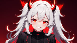 1girl, horns, red_eyes, demon_girl, sweet smile, demon_horns, white_hair, looking_at_viewer, black_horns, red_background, glowing_eyes, modeus_(helltaker), solo, glowing, hand_on_own_face, hair_between_eyes, suit, upper_body, long_hair, formal, jacket, sweater, long_sleeves, neon lighting, glowing eyes, detailed background, more detail XL, red and black butterfly background