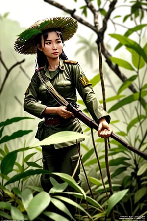 award winning realistic photo in a viet nam jungle vietnamese viet cong female warrior wearing viet cong uniform rice straw hat and black jacket