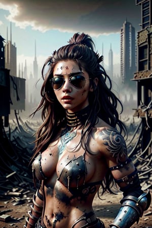 a hyper realistic ultra detailed photograph of a futuristic beautiful barbarian woman wearing sunglasses at a dystopian city, tattered outfit with rusty metal armor plates, long wild hair, tattooed hands and body, fashion pose, detailed symmetric beautiful hazel eyes, detailed gorgeous face, apocalyptic environment, exquisite detail