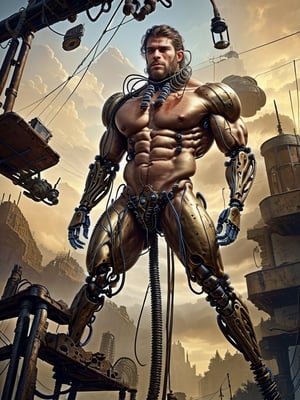 (((Perfect Face)))((cowboy shot)), (((masterpiece))), (((best quality))), ((ultra-detailed)), (highly detailed CG illustration), ((an extremely musculine and handsome)), cinematic light,(((1mechanical Ape))),solo,((upper torso musculine flesh hanging by wires)),((Hanging by wires and tubes)), (machine made joints:1.2),((machanical limbs)),(blood vessels connected to tubes),(mechanical vertebra attaching to back),((mechanical cervial attaching to neck)), ((realistic hair)), (standing), (wires and cables attaching to neck:1.2),(wires and cables on head:1.2),(character focus),science fiction, extreme detailed, colorful, highest detailed, trousers,kratosGOW_soul3142, Greek Male, Sexy Muscular,Game of Thrones,male,Movie Still,