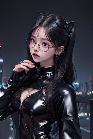 black-haired european girl with ((glasses)) of ((plastic)), dark lips outdoors, pierced nose and lips leather studded clothing rich colors in lenses realistic hyper-realistic texture dramatic lighting unrealengine trend at artstation cinestill 800,realism,realistic,raw,analog,woman,portrait,