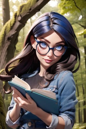beautiful girl in a forest reading a book whith glasses and blue heard