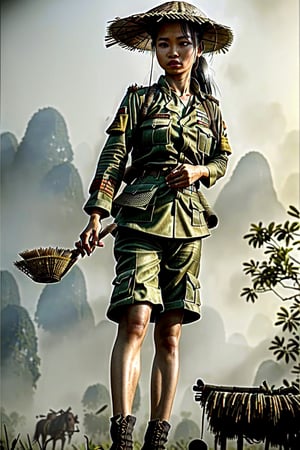 award winning realistic photo in a viet nam jungle vietnamese viet cong female warrior wearing viet cong uniform rice straw hat and black jacket