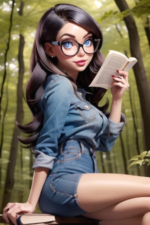 beautiful girl in a forest reading a book whith glasses