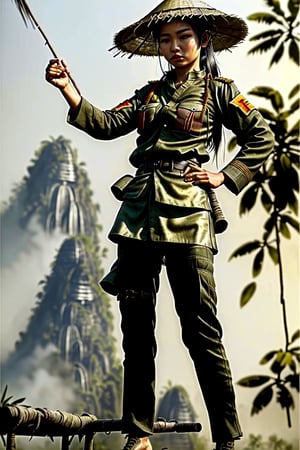 award winning realistic photo in a viet nam jungle vietnamese viet cong female warrior wearing viet cong uniform rice straw hat and black jacket