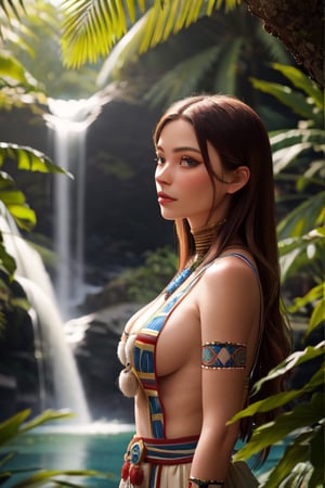 realistic detailed best quality detailed face 8k photo contest award winning photo natural lighting indigenous mayan royal woman dressed in ritual costumes in a tropical jungle with exotic birds exotic flowers monkeys and a waterfall