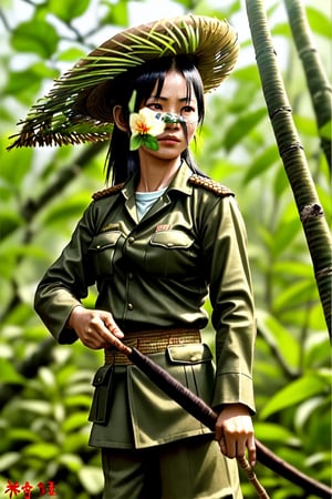 award winning realistic photo in a viet nam jungle vietnamese viet cong female warrior wearing viet cong uniform rice straw hat and black jacket
