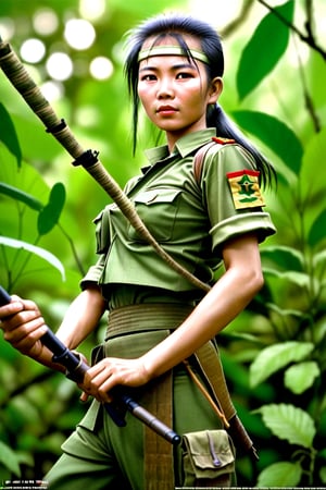 realistic award winning photo in a viet nam jungle vietnamese viet cong warrior woman in viet cong uniform