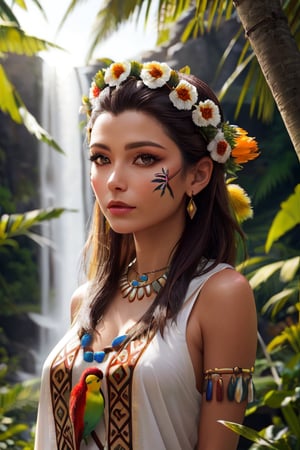 realistic detailed best quality detailed face 8k photo contest award winning photo natural lighting indigenous mayan royal woman dressed in ritual costumes in a tropical jungle with exotic ((birds)) exotic flowers monkeys and a waterfall