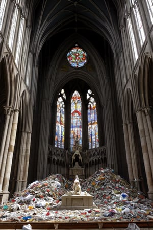 Destroyed gothic cathedral full of colored plastic rubbish broken saints lying broken stained glass windows gargoyle statues
