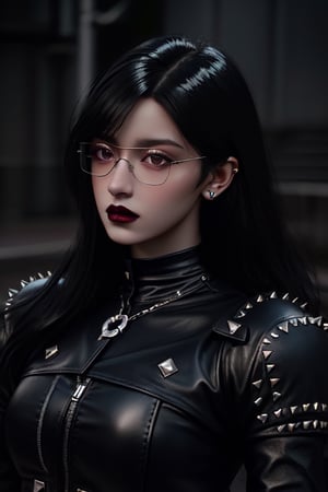 black-haired european girl with ((glasses)) of ((plastic)), dark lips outdoors, pierced nose and lips leather studded clothing rich colors in lenses realistic hyper-realistic texture dramatic lighting unrealengine trend at artstation cinestill 800,realism,realistic,raw,analog,woman,portrait,