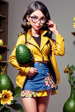 girl in a yellow jacket and (((flowery miniskirt))) eating an avocado whit glasses