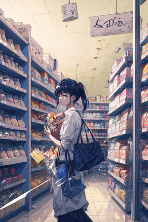 16K, HD, mastepiece, detailed background

A girl in convenience store looking a at snacks. Shes holding a basket with stock items inside and seems to be a bit tired.