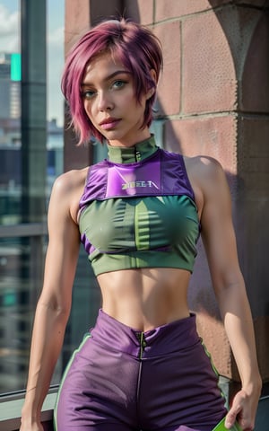 Photorealistic, best-quality. Tecna. (Casual outfit), (sleeveless purple and green crop top, purple pants). (pink hair, short hair, green eyes). pale light skin. holding a tablet. cyberpunk robot, yuzu